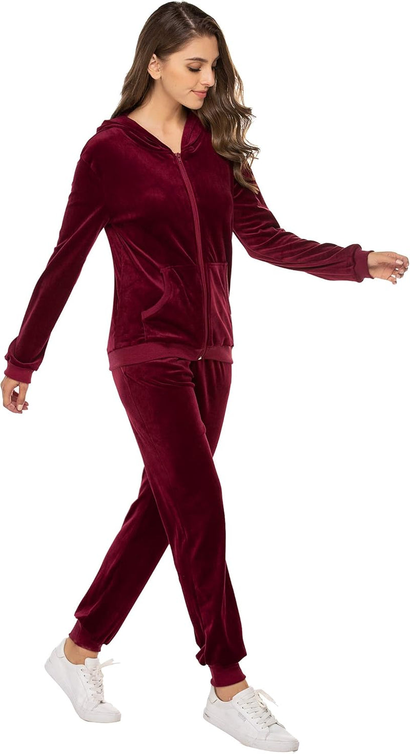 Womens Casual Velour Tracksuit Set Full Zipper Hoodie Workout Pants Velvet Sweatsuit Jogging Suits XS-XXL