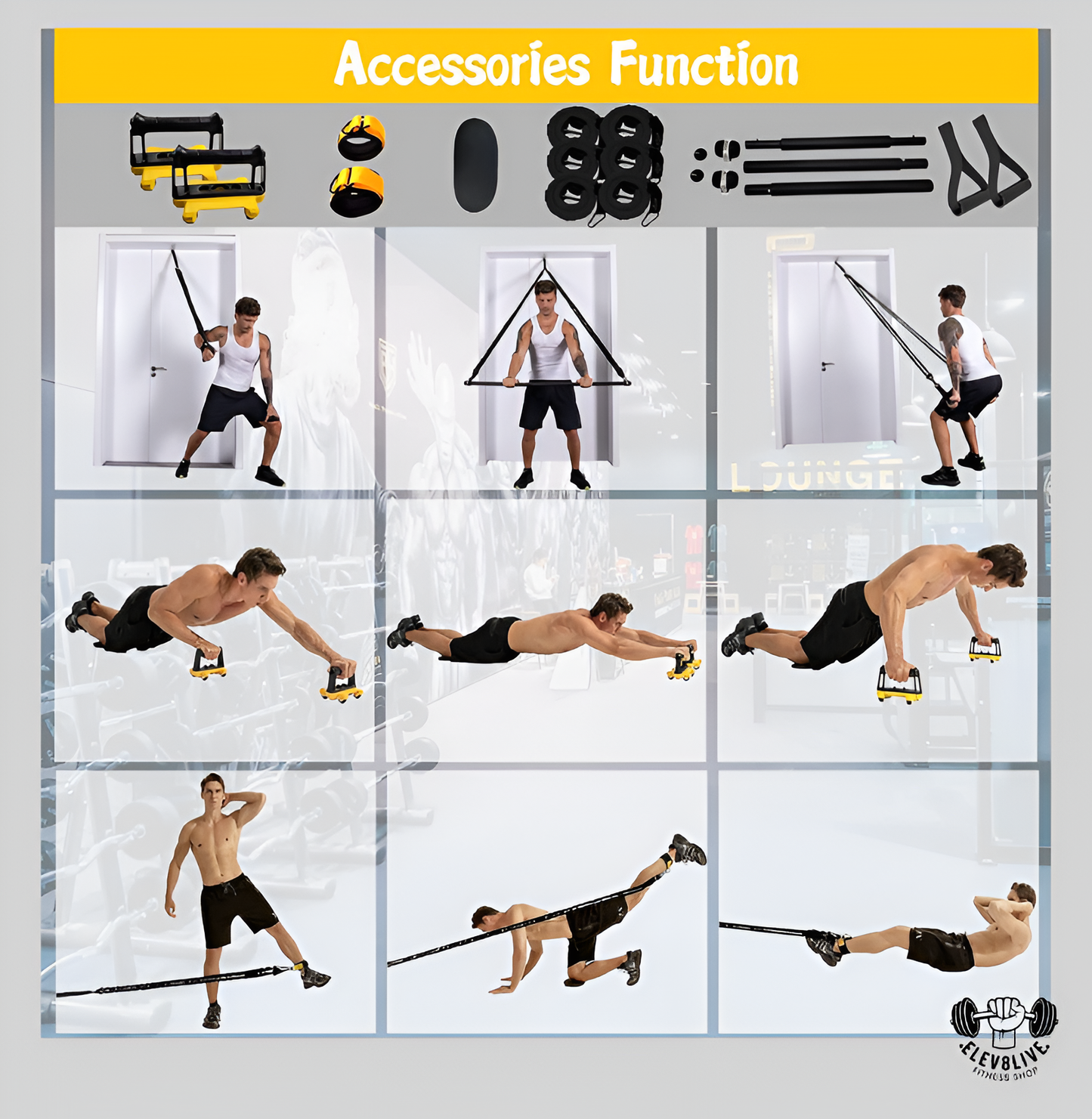 Portable Home Gym – Full Body Workout System with 18 Accessories (Yellow)