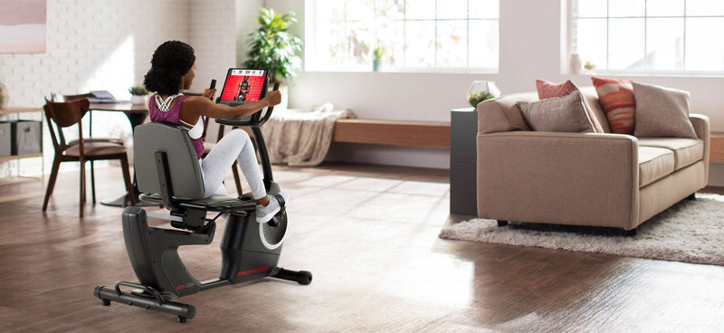 325 CSX; Recumbent Exercise Bike with 5” Display, Built - In Tablet Holder, and Fan - elev8life