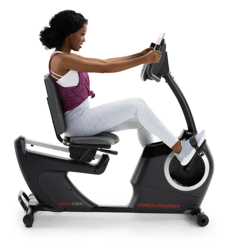 325 CSX; Recumbent Exercise Bike with 5” Display, Built - In Tablet Holder, and Fan - elev8life