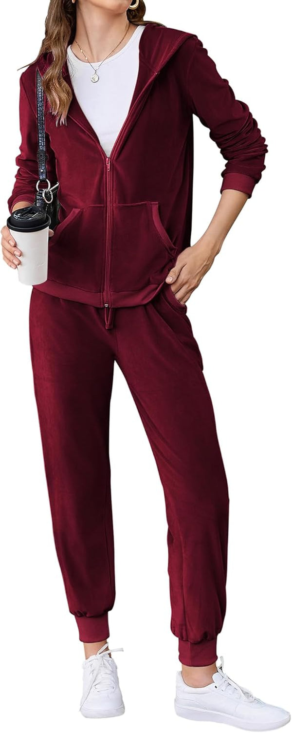 Womens Casual Velour Tracksuit Set Full Zipper Hoodie Workout Pants Velvet Sweatsuit Jogging Suits XS-XXL