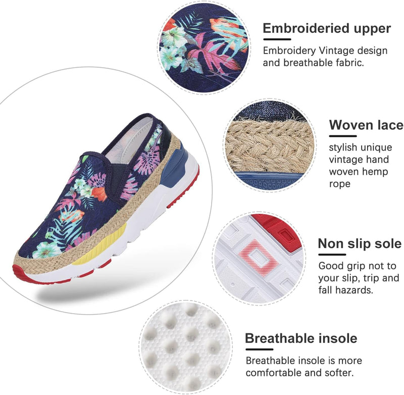 Women'S Art Loafers Embroidered Floral Boat Sneakers Slip-On Ladies Walking Shoes