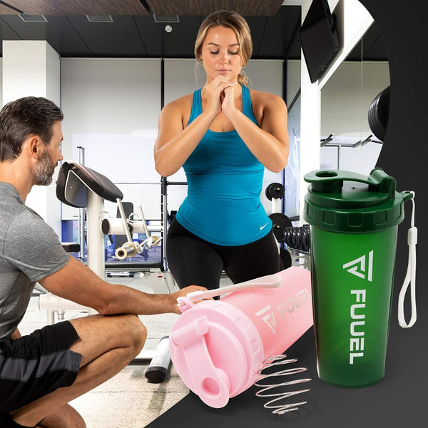 Double Shaker Bottle with Lanyard, 24Oz - Leak Proof Mixer Cup with Stainless Steel Blending Ball - Mixing Bottles for Protein Shakes - Premium Fitness Accessories (Navy & Purple) - elev8life