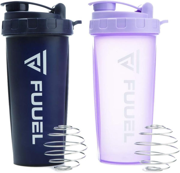 Double Shaker Bottle with Lanyard, 24Oz - Leak Proof Mixer Cup with Stainless Steel Blending Ball - Mixing Bottles for Protein Shakes - Premium Fitness Accessories (Navy & Purple) - elev8life