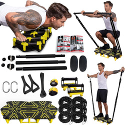 Portable Home Gym with 18 Exercise Accessories Including Fitness Board,Resistance Bands,Ab Roller Wheel and More,Full Body Workout System Suitable for Training Muscle and Burning Fat(Yellow) - elev8life
