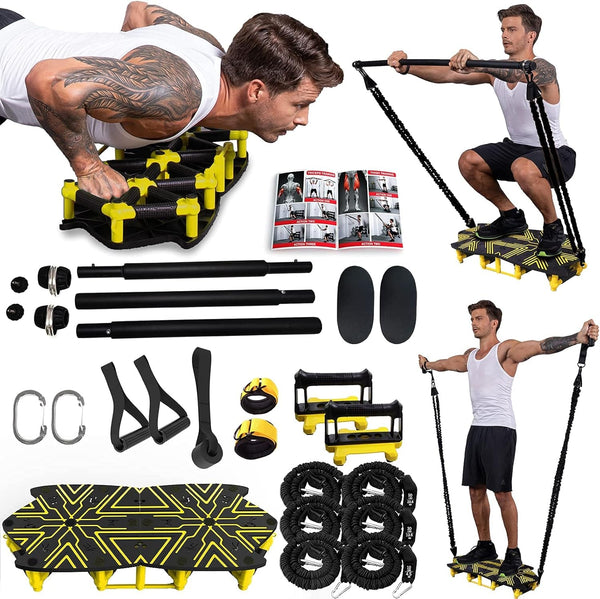 Portable Home Gym with 18 Exercise Accessories Including Fitness Board,Resistance Bands,Ab Roller Wheel and More,Full Body Workout System Suitable for Training Muscle and Burning Fat(Yellow) - elev8life