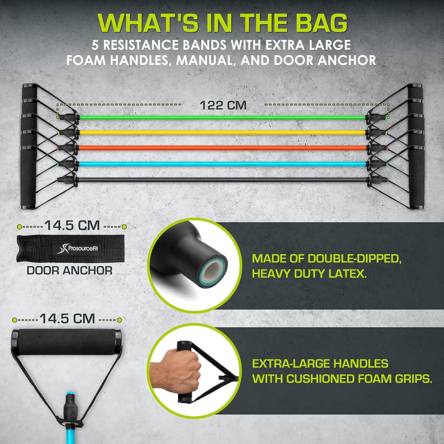 Single Stackable Resistance Bands with Door Anchor and Exercise Guide, 5 - 8 LB, Heavy Duty - elev8life