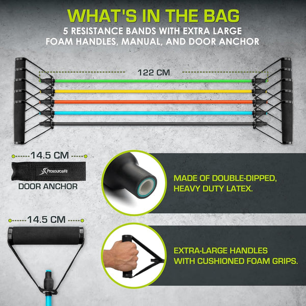 Single Stackable Resistance Bands with Door Anchor and Exercise Guide, 5 - 8 LB, Heavy Duty - elev8life