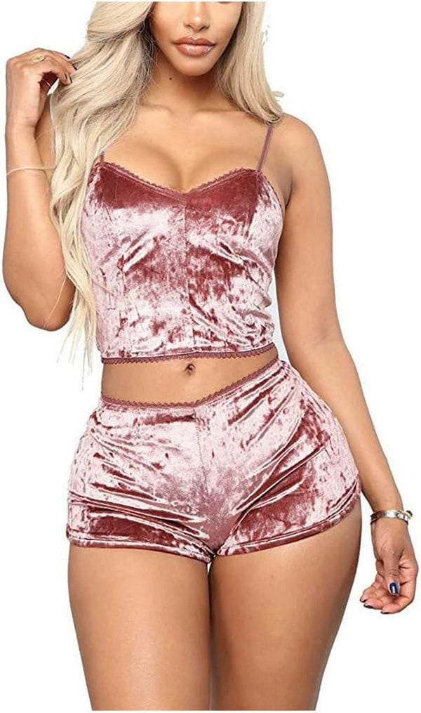 Women’s Velvet 2 Piece Outfit – Crop Top & Shorts Pajama Set - elev8life